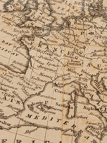 Rare Antique Original 1843 Miniature Map Of Europe. Approx 5 7/8" x 7 3/8.