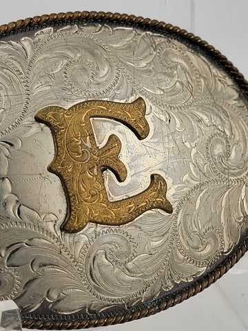 Vintage Montana Silversmiths German Silver Belt Buckle - Letter "E" Monogram