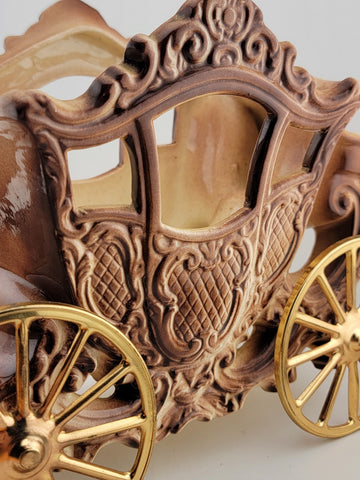 Rare Antique OOAK Large Purple Porcelain Horse Carrige Cart W Golden Wheels.