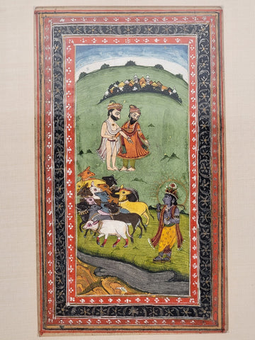 Antique Hand Painted Indian Framed Watercolor & Gold Leaf on Paper Shepards.