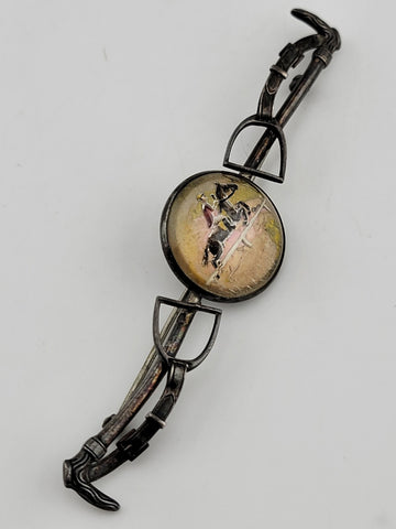 ANTIQUR 925 STERLING SILVER REVERSE PAINTING ON GLASS HORSE & JOKEY BROOCH