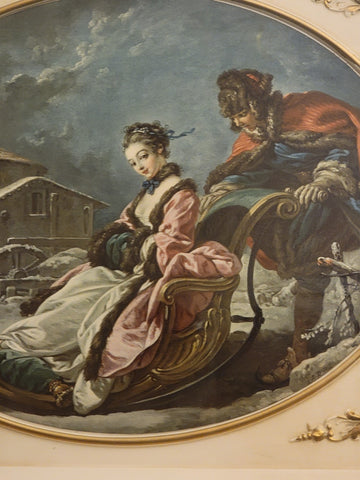 ANTIQUE  ORIGINAL 19th C Francois Boucher LITHOGRAPH COUPLE WINTER SLEIGH SCENE.