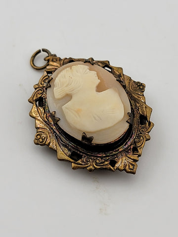 Rare Antique Hand Carved Gold Plated Cameo Locket Pendant Mixed Metals C 1910.