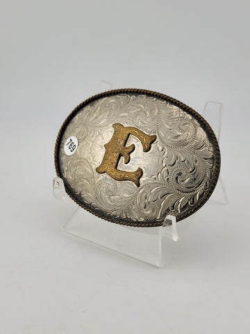 Vintage Montana Silversmiths German Silver Belt Buckle - Letter "E" Monogram