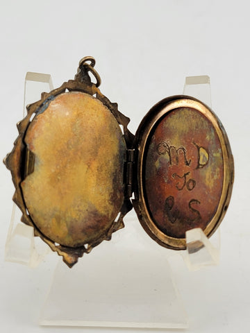 Rare Antique Hand Carved Gold Plated Cameo Locket Pendant Mixed Metals C 1910.