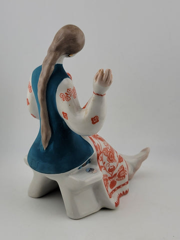 1960, Ukraine Porcelain sculpture "Ukrainian woman embroidery shawl", Kiev, RARE