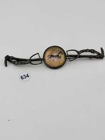 ANTIQUR 925 STERLING SILVER REVERSE PAINTING ON GLASS HORSE & JOKEY BROOCH