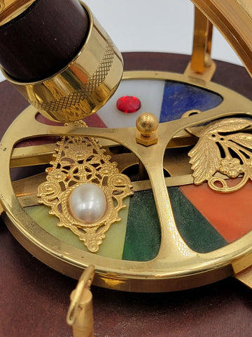 Vintage Kaleidoscope Wind Up Music Box Rotating Wood Brass Stained Jeweled Glass
