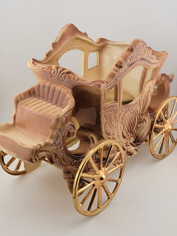 Rare Antique OOAK Large Purple Porcelain Horse Carrige Cart W Golden Wheels.
