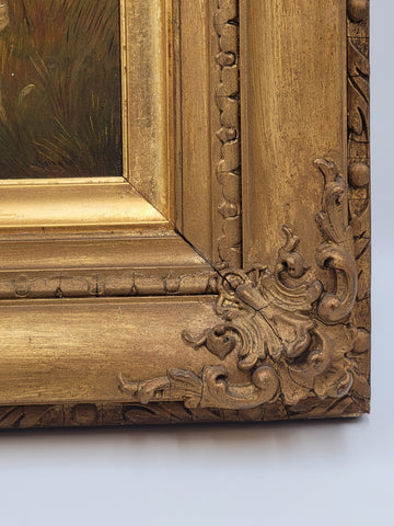 Rare 19th C Children Playing French Oil Painting Signed wood panel Guilded Frame