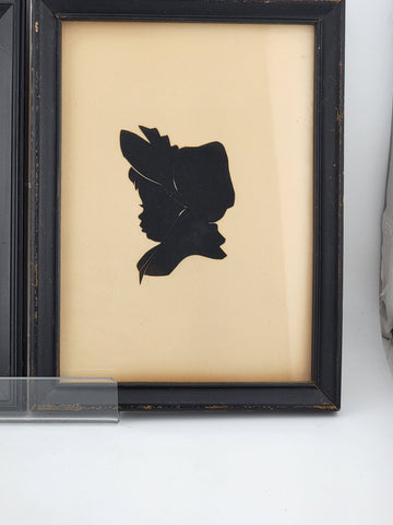 Rare Antique C 1920'S Pair Of Portrait Silhouette Of 2 Ladies In Black Frame.
