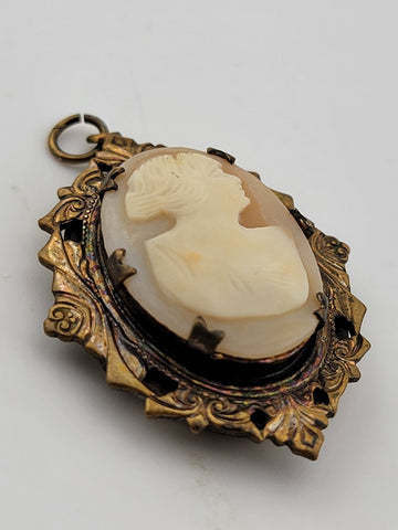 Rare Antique Hand Carved Gold Plated Cameo Locket Pendant Mixed Metals C 1910.