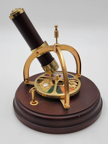 Vintage Kaleidoscope Wind Up Music Box Rotating Wood Brass Stained Jeweled Glass