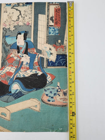 Original 19th C Utagawa Kunisada II Japanese Woodblock Print Interior Scene.