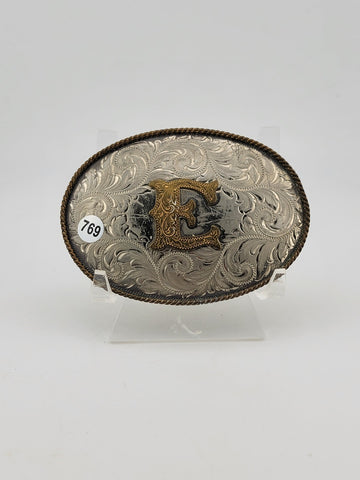 Vintage Montana Silversmiths German Silver Belt Buckle - Letter "E" Monogram