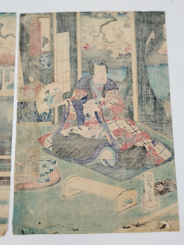 Original 19th C Utagawa Kunisada II Japanese Woodblock Print Interior Scene.