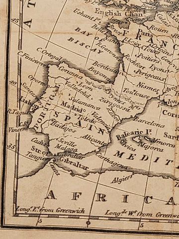 Rare Antique Original 1843 Miniature Map Of Europe. Approx 5 7/8" x 7 3/8.