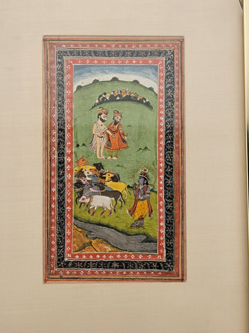 Antique Hand Painted Indian Framed Watercolor & Gold Leaf on Paper Shepards.