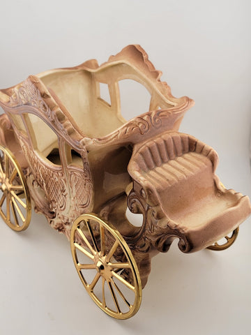 Rare Antique OOAK Large Purple Porcelain Horse Carrige Cart W Golden Wheels.