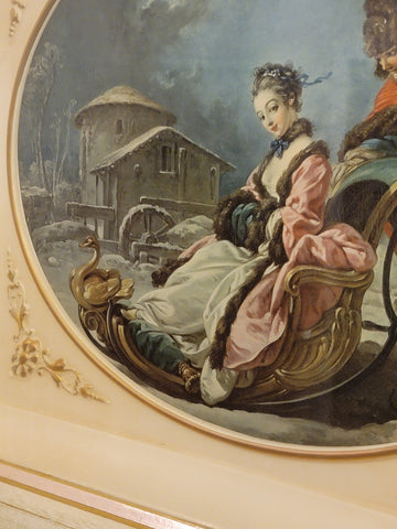 ANTIQUE  ORIGINAL 19th C Francois Boucher LITHOGRAPH COUPLE WINTER SLEIGH SCENE.