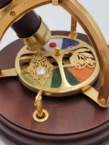 Vintage Kaleidoscope Wind Up Music Box Rotating Wood Brass Stained Jeweled Glass