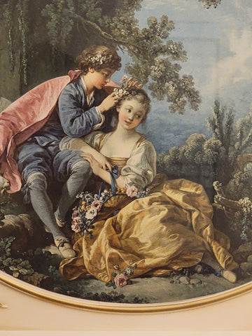 ANTIQUE  ORIGINAL 19th C Francois Boucher LITHOGRAPH  LADY& CAVALIER COURT SCENE